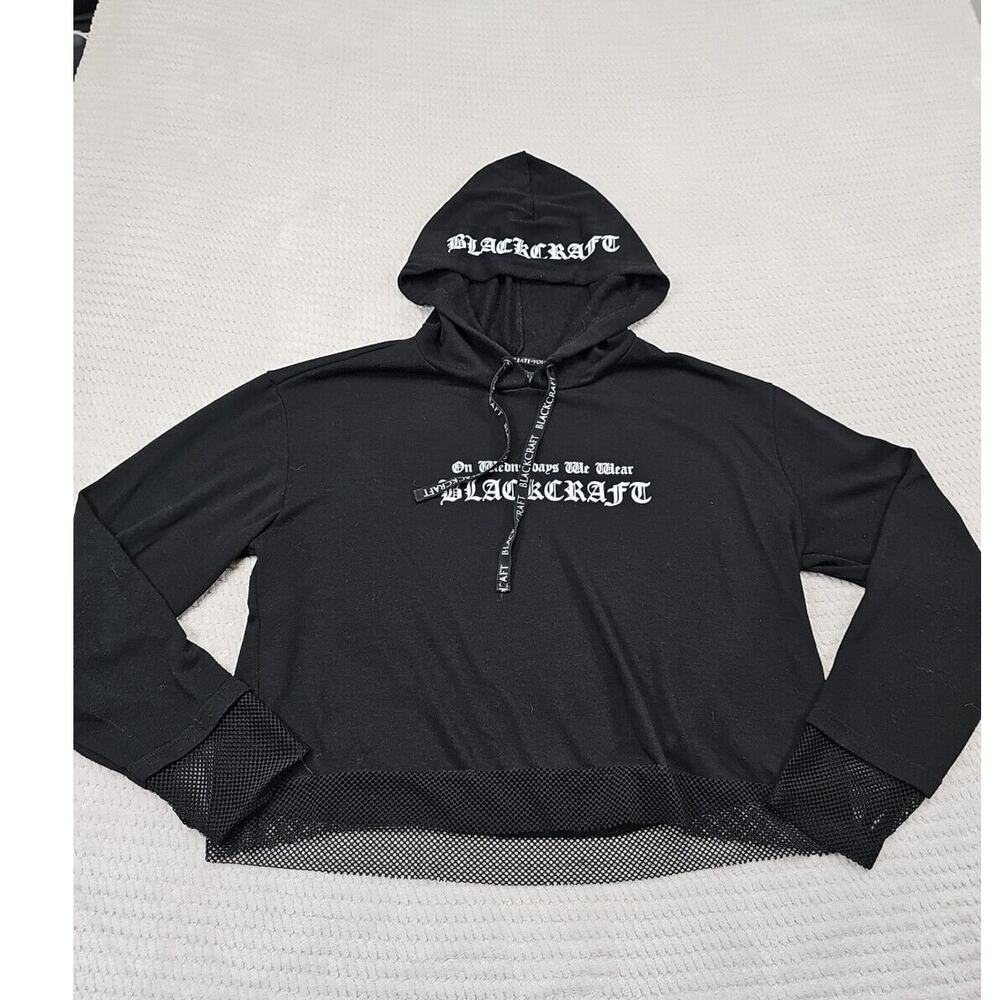 Black Craft Sweatshirt Womens XL Hooded Cropped Fishnet Trim